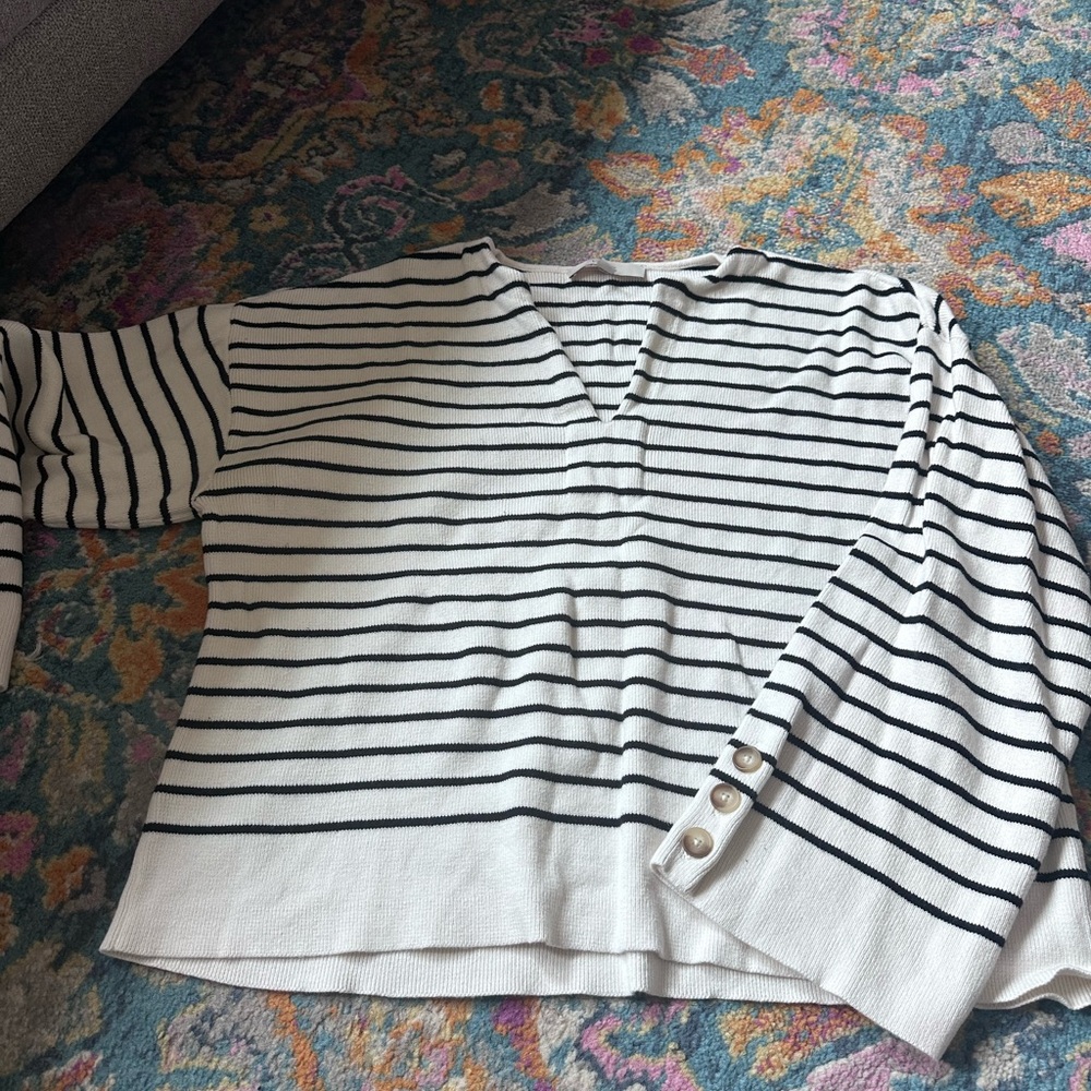 Loft Striped V-Neck Sweater with Button Detail